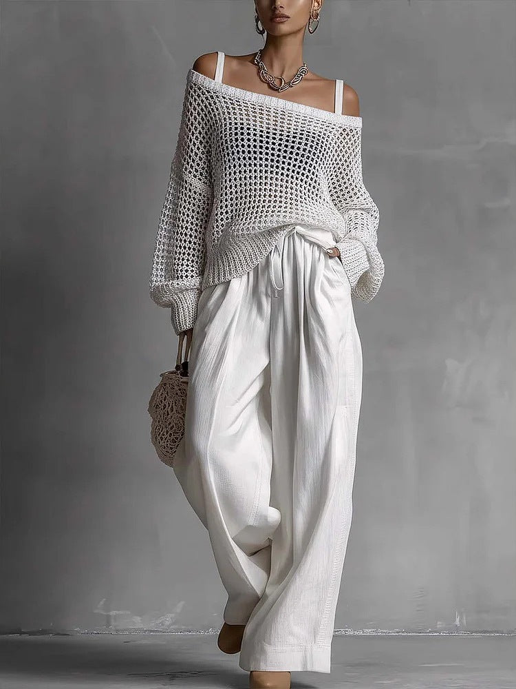 Women's Hollow-Out Knitted Top & Linen Pants Two-Piece Set