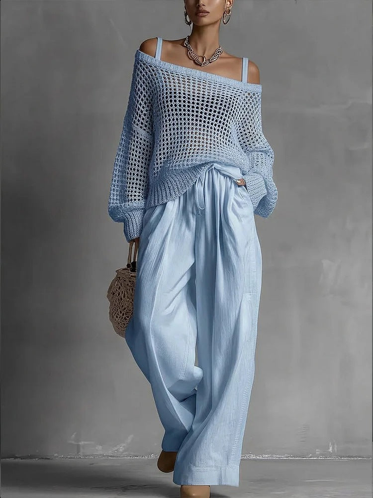 Women's Hollow-Out Knitted Top & Linen Pants Two-Piece Set