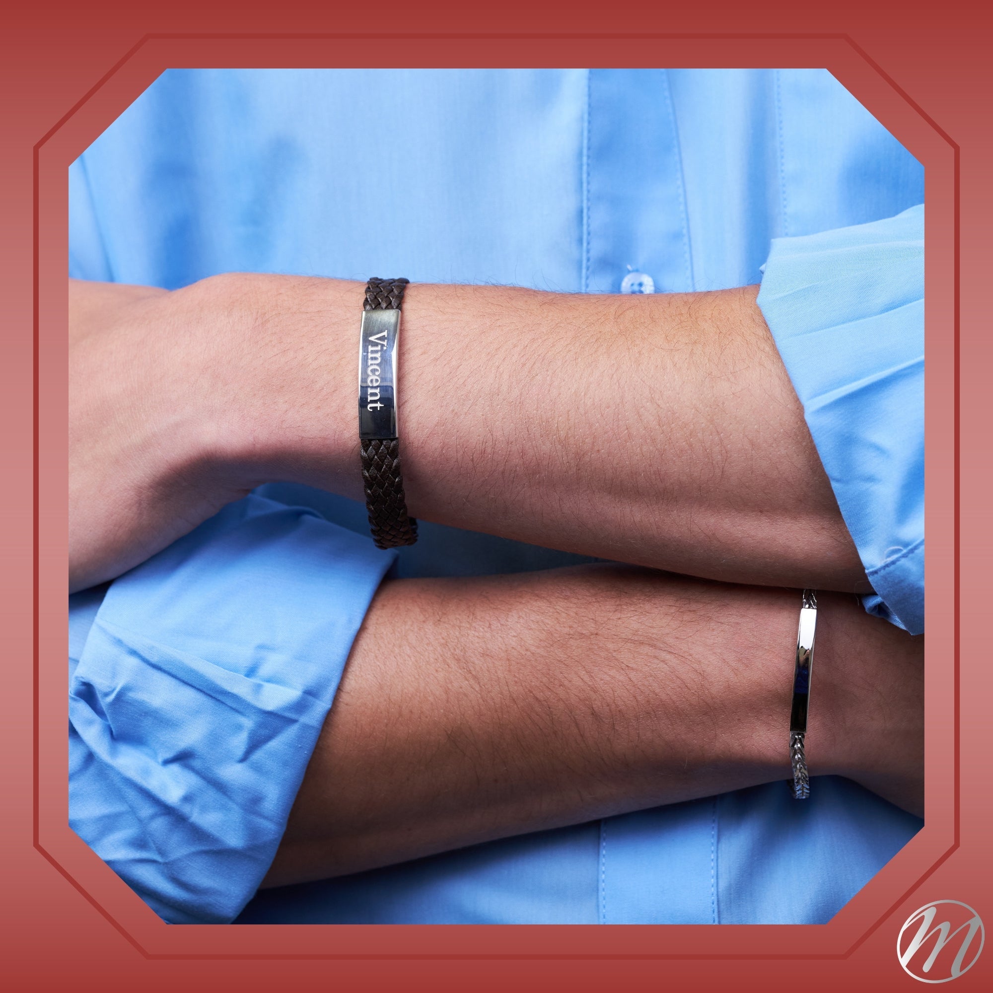 Sterling Silver Braided Leather ID Bracelet