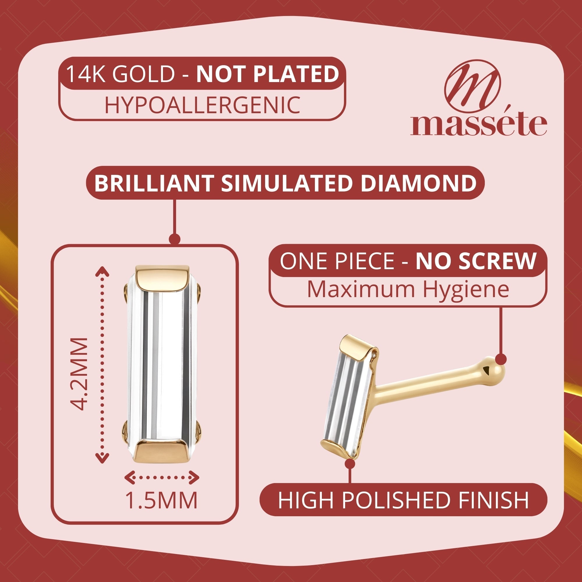 Elegant 14K Gold Baguette CZ Nose Stud