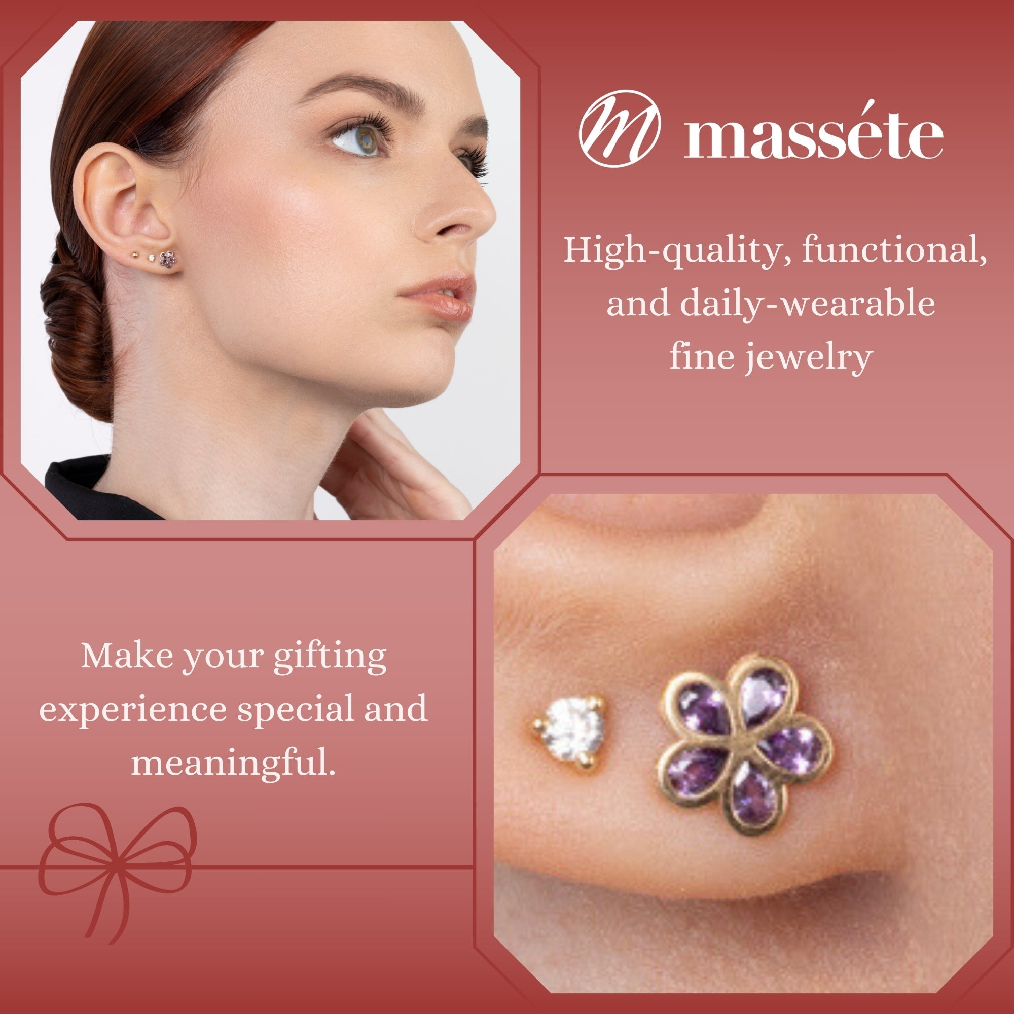 Cute Flower Studs with Pink Gem (14K Gold)