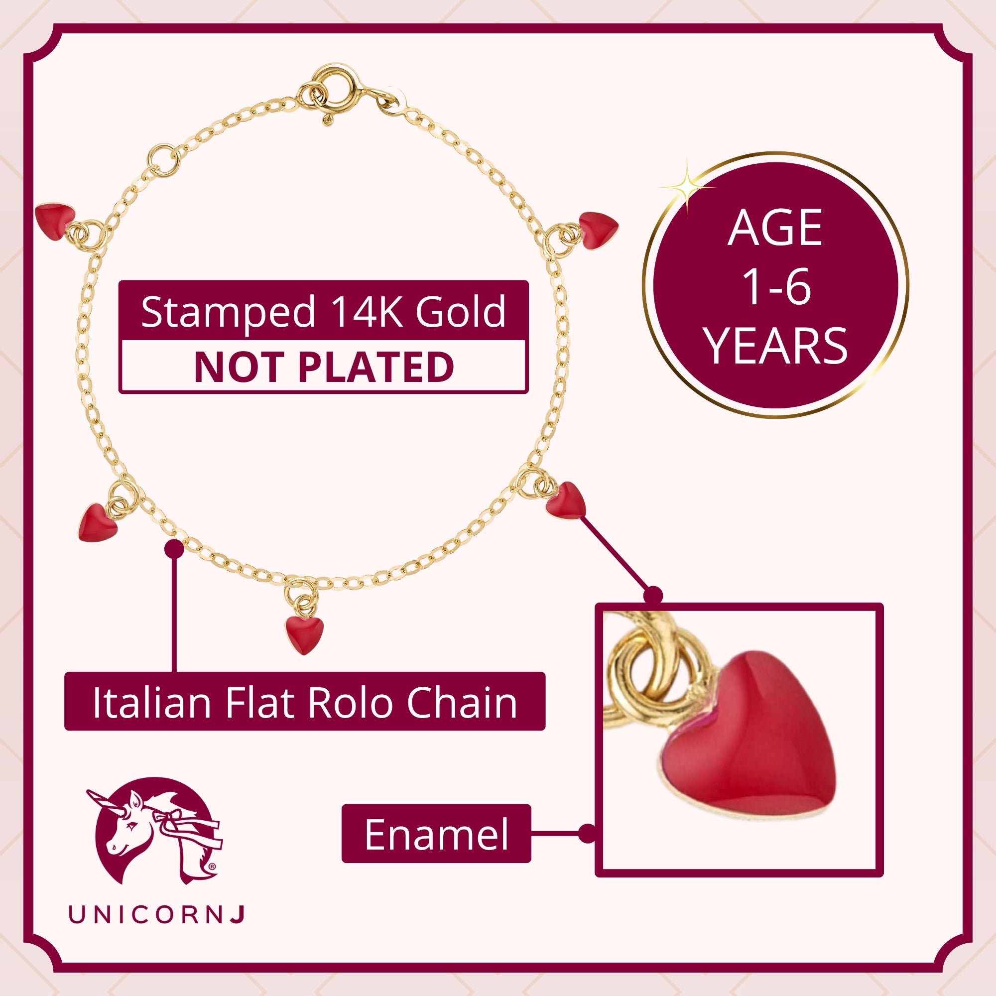 14K Gold Enamel Heart Bracelet for Kids