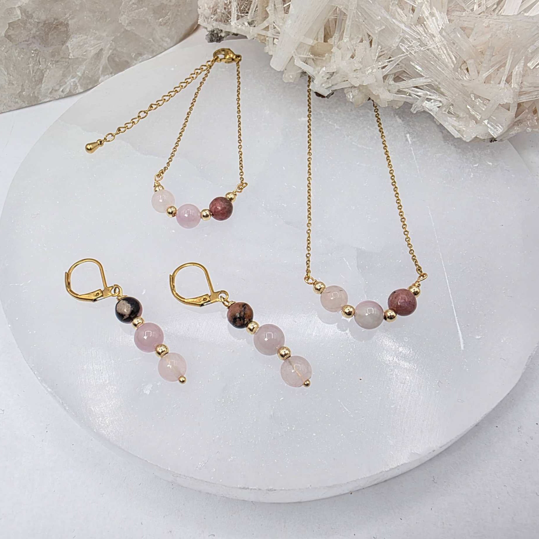 I AM ENOUGH -Kunzite, Rose Quartz, Rhodonite Gem Jewelry Set