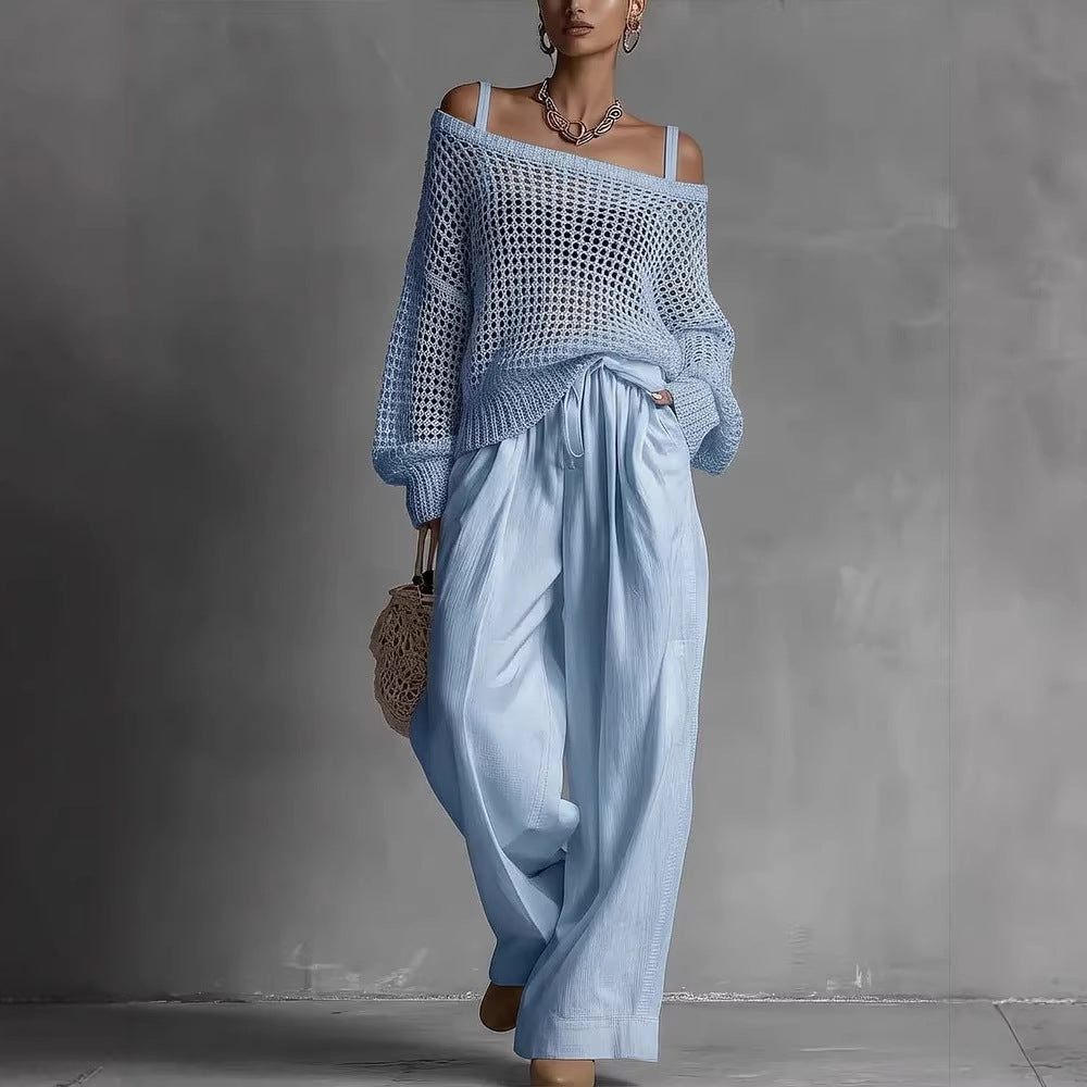 Women's Hollow-Out Knitted Top & Linen Pants Two-Piece Set