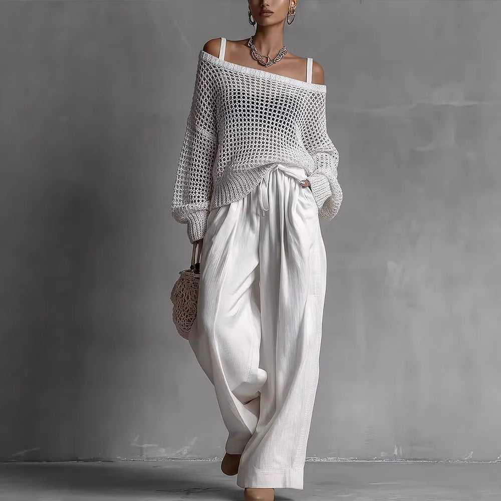 Women's Hollow-Out Knitted Top & Linen Pants Two-Piece Set