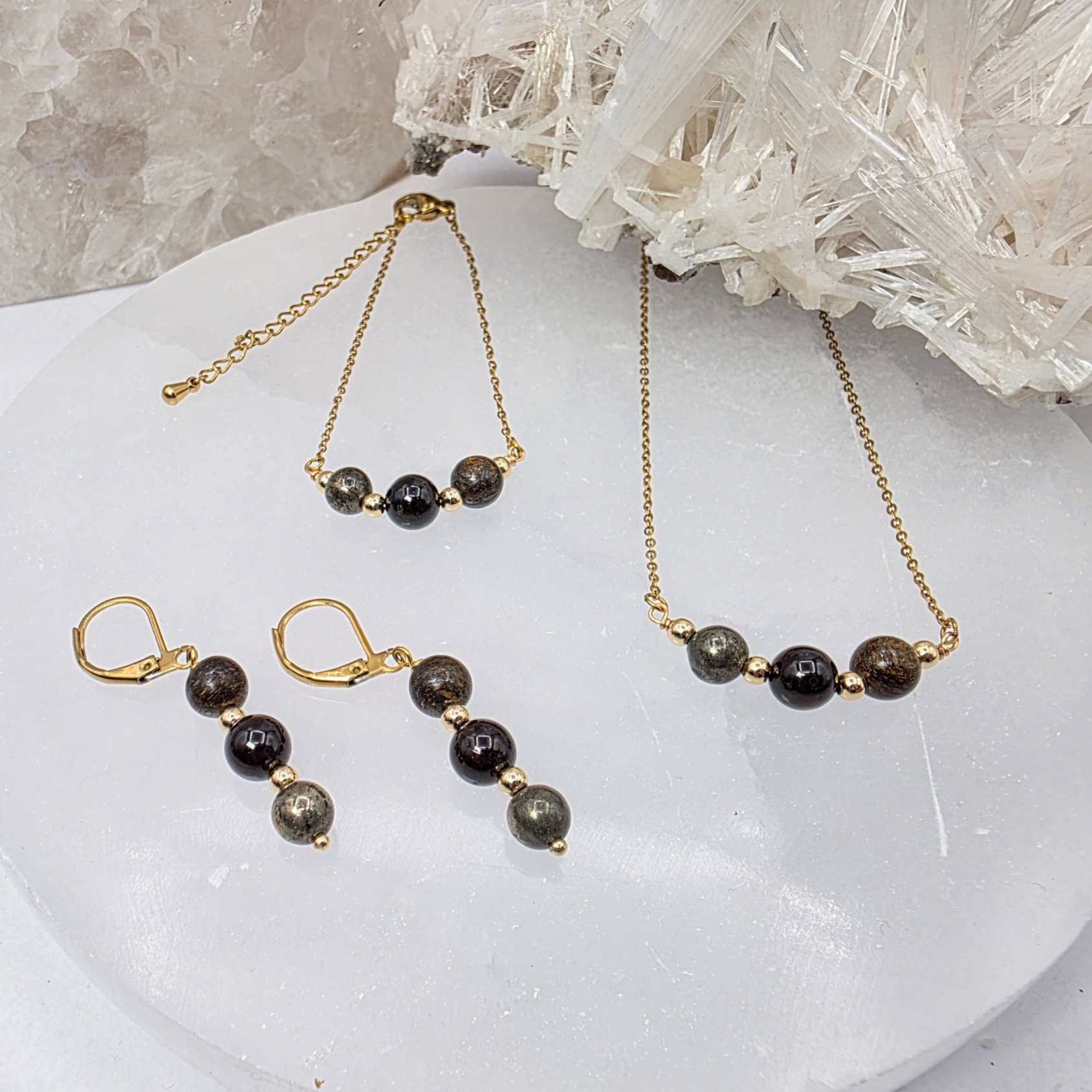STAY IN MY POWER - Pyrite, Bronzite, Garnet Jewelry Set