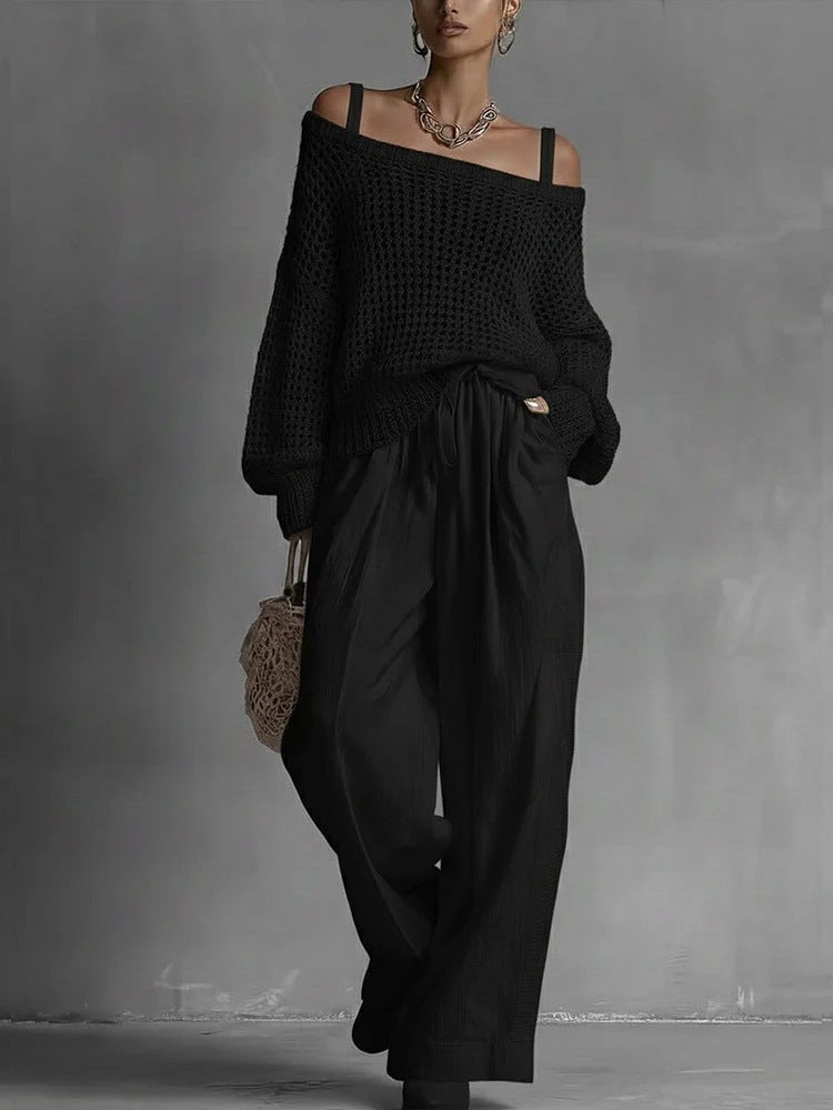 Women's Hollow-Out Knitted Top & Linen Pants Two-Piece Set