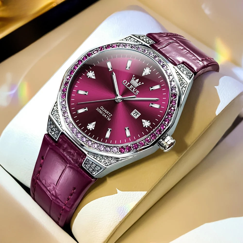 Women's Crystal Bezel White Leather Strap Watch Quartz Date