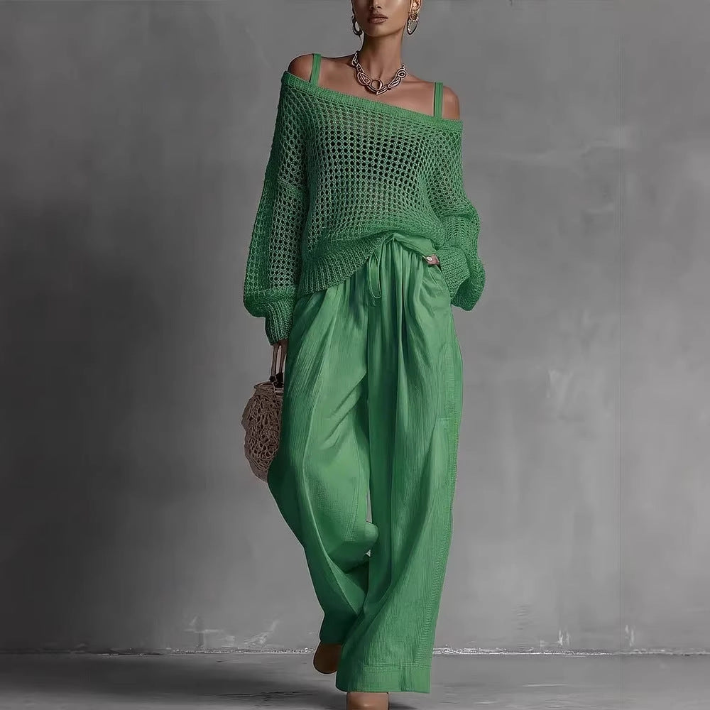 Women's Hollow-Out Knitted Top & Linen Pants Two-Piece Set