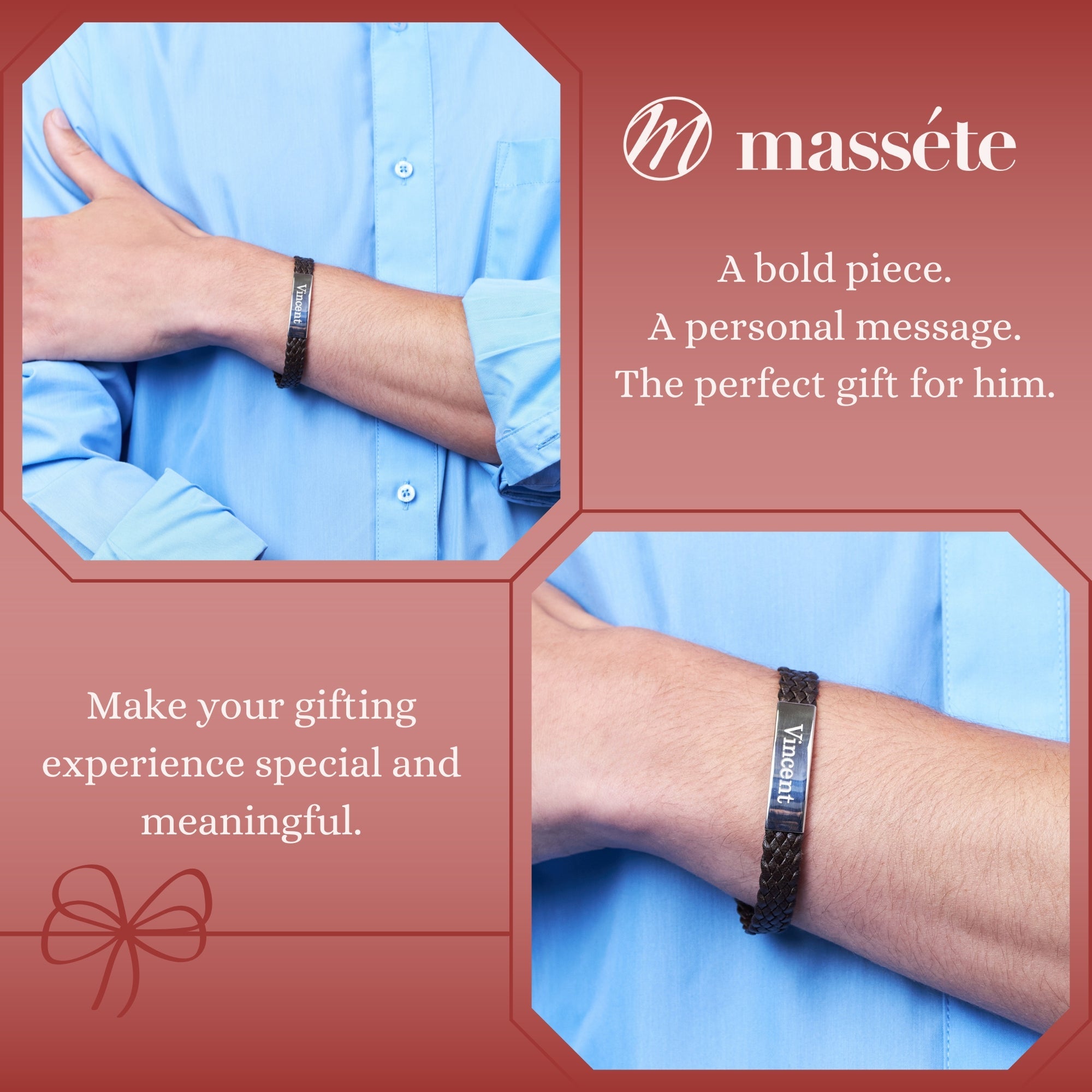 Sterling Silver Braided Leather ID Bracelet