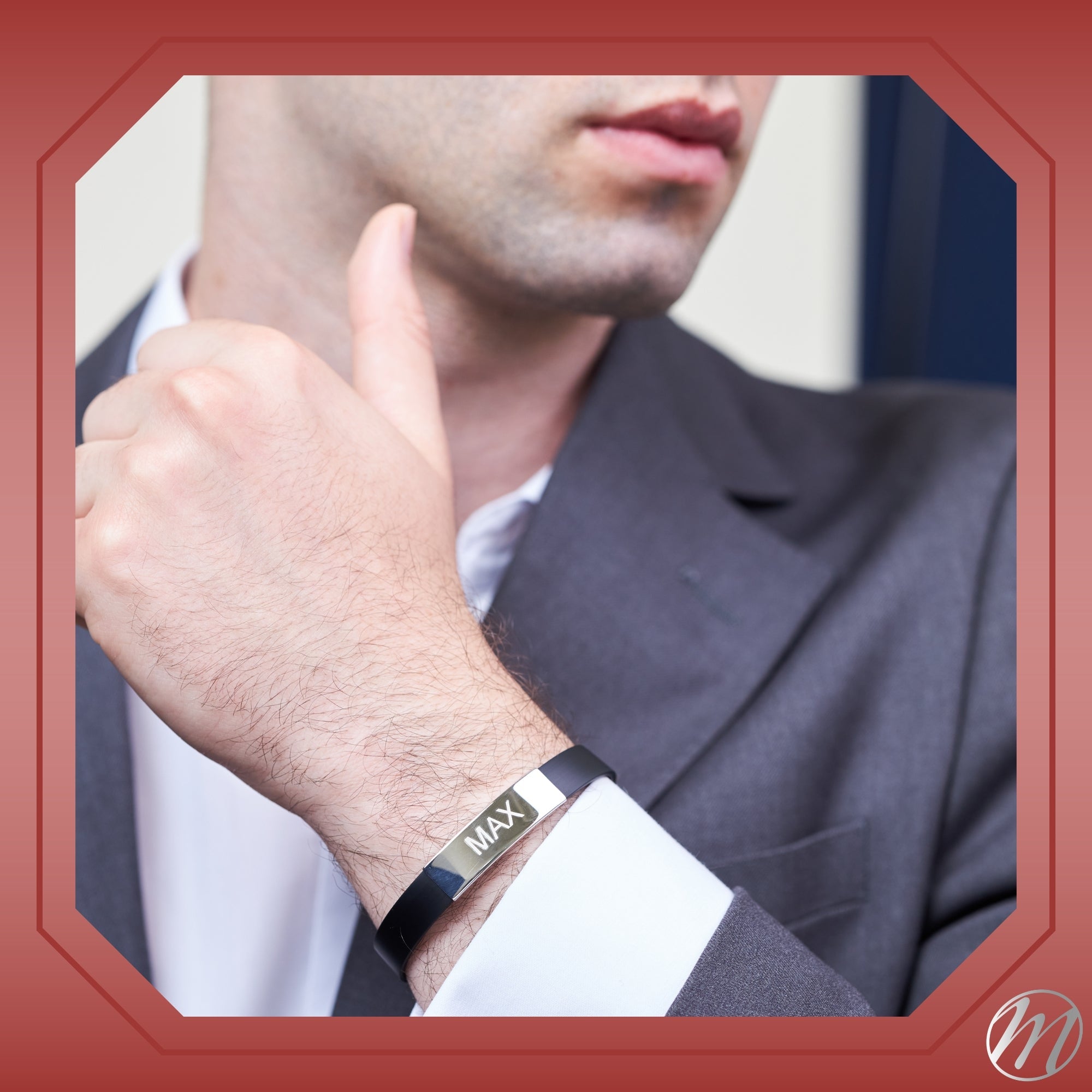 925 Silver Matte Leather ID Bracelet (Men)