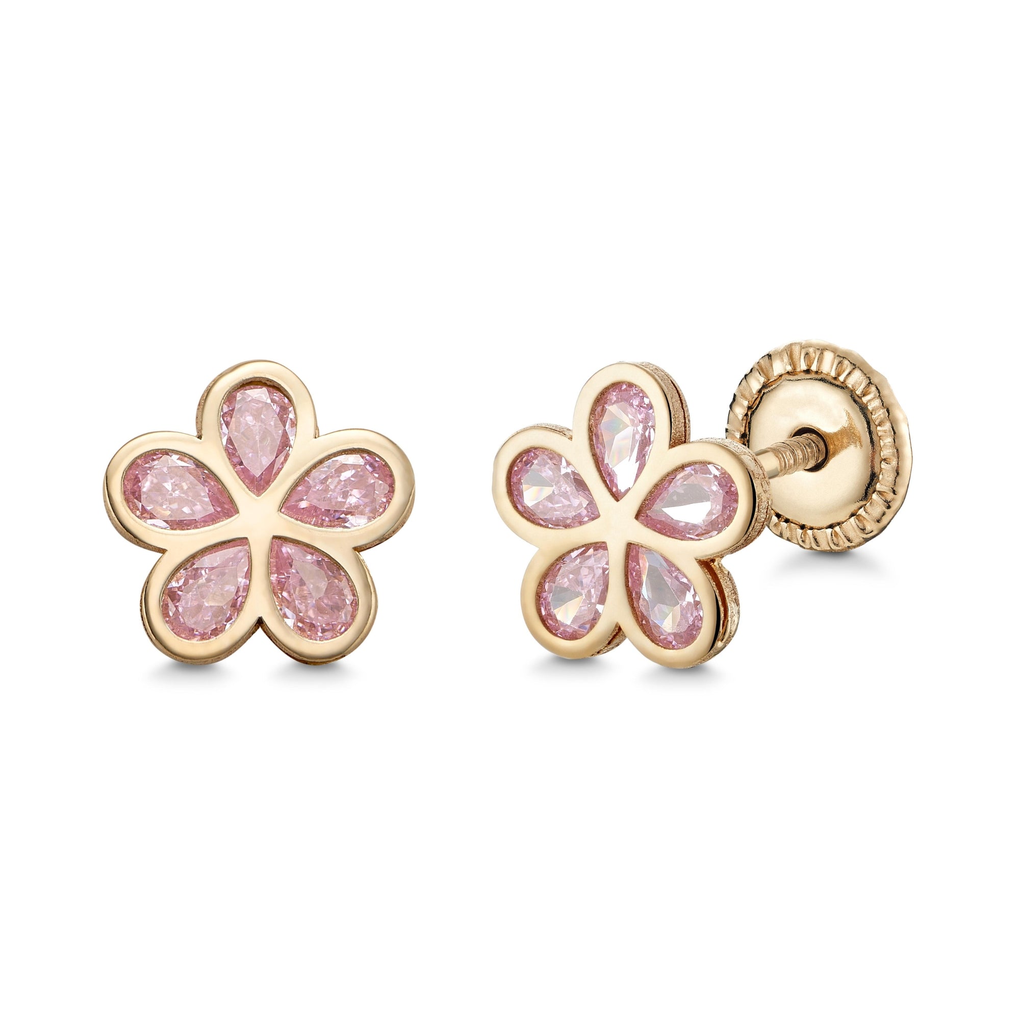 Cute Flower Studs with Pink Gem (14K Gold)