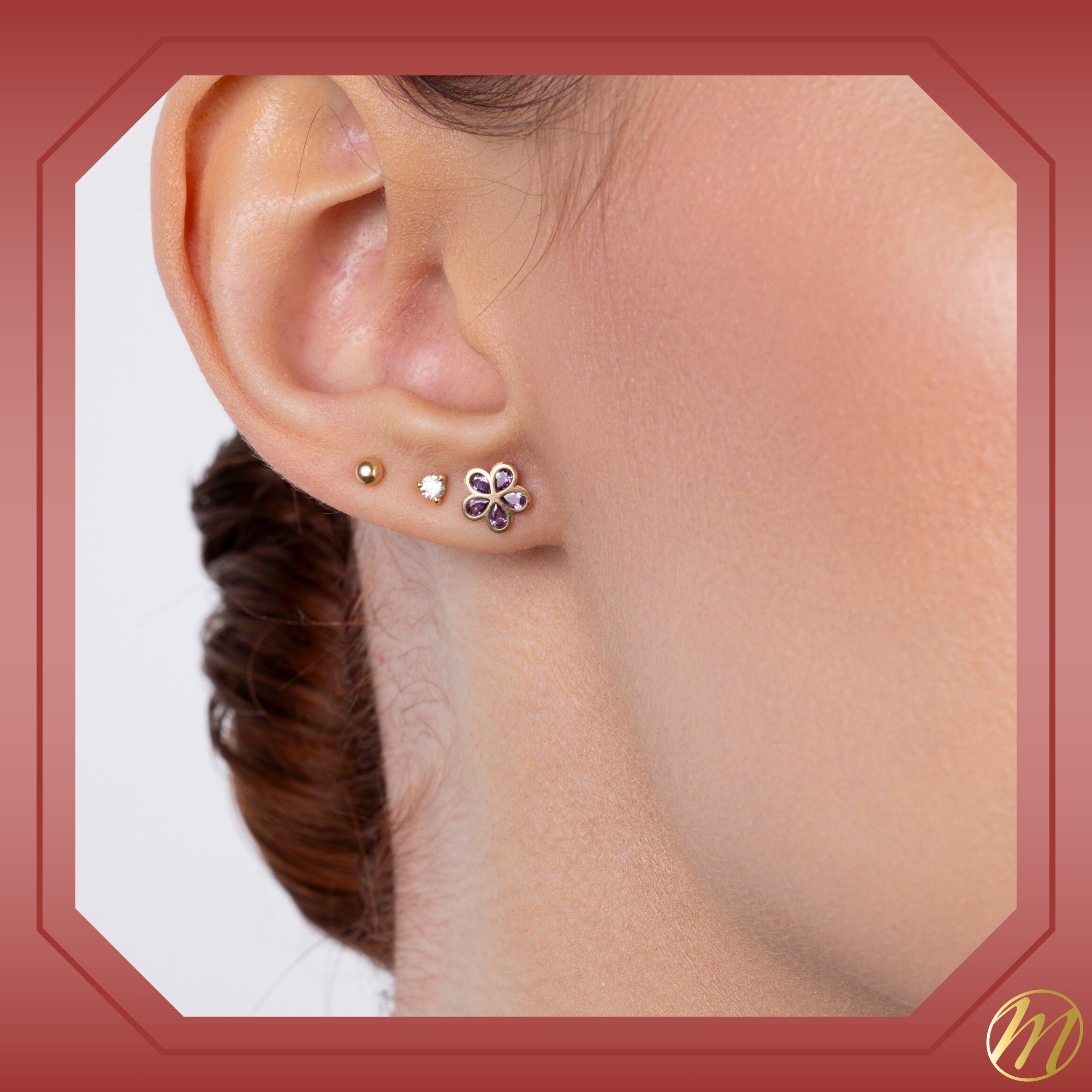 Cute Flower Studs with Pink Gem (14K Gold)