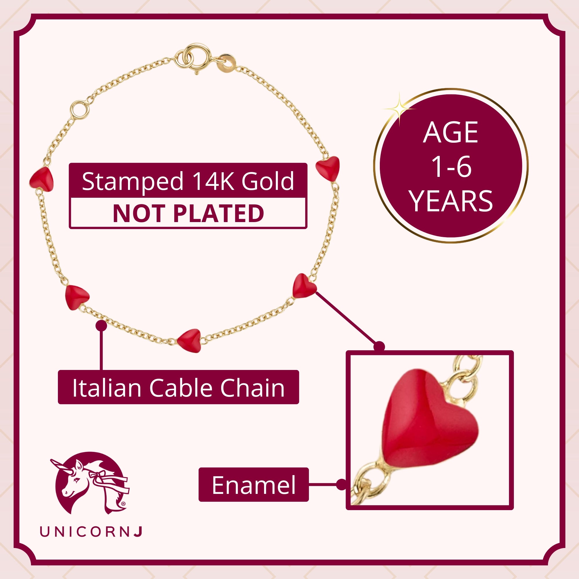 14K Gold Enamel Heart Bracelet for Kids