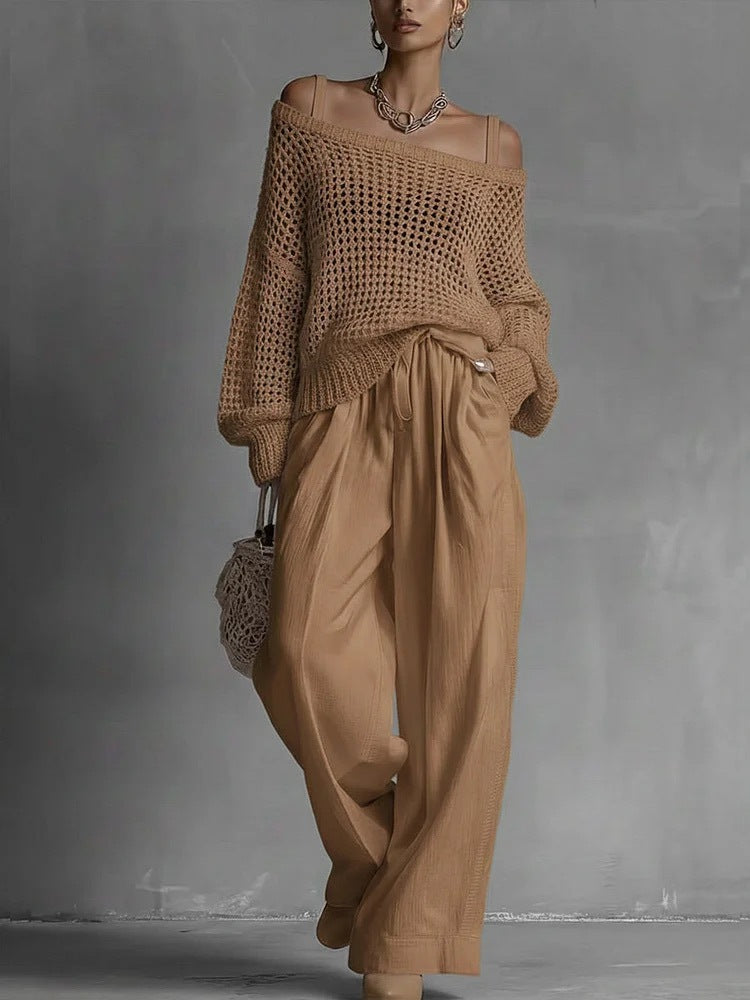 Women's Hollow-Out Knitted Top & Linen Pants Two-Piece Set